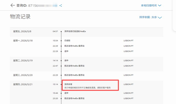 FEDEX因缺少相应文件延误 